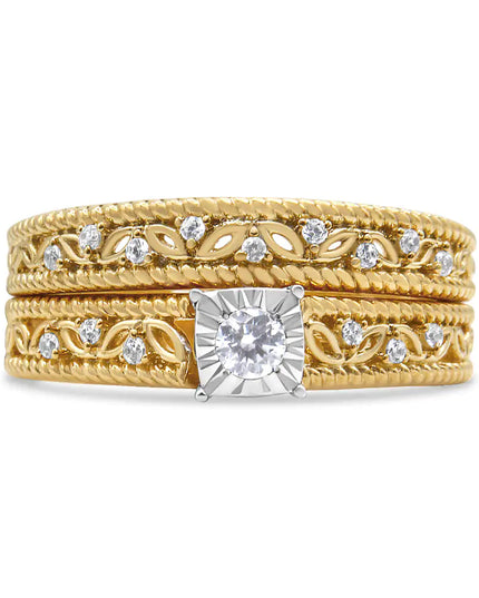 14K Yellow Gold Plated .925 Sterling Silver 1/5 Cttw Diamond Art Deco Style Engagement Ring Bridal Set (I-J Color, I3 Clarity)