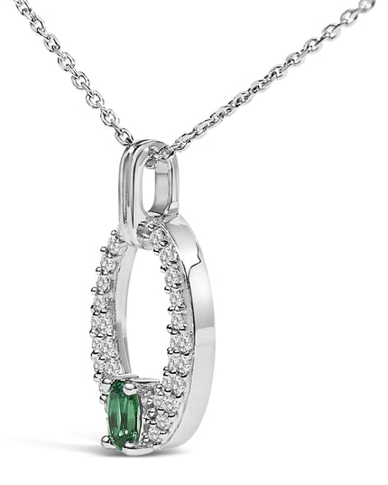 .925 Sterling Silver Created Green Emerald and White Sapphire Oval Shaped Pendant Necklace - 18" Inches