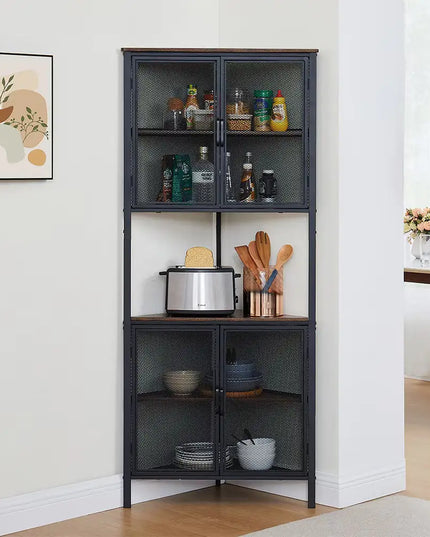 6-tier Corner Shelf With Storage Cabinet, Metal Mesh Door