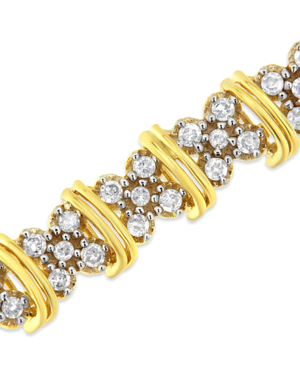 10K Yellow Gold Plated .925 Sterling Silver 2.0 Cttw Round Diamond Cluster "X" Shaped Link Bracelet (H-I Color, I3 Clarity) - 7"