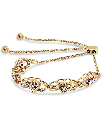 14K Yellow Gold Plated .925 Sterling Silver 1/10 Cttw Diamond Infinity Heart Shaped 4”-10” Adjustable Bolo Bracelet (H-I Color, I2-I3 Clarity)
