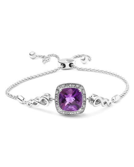 .925 Sterling Silver 10mm Cushion Cut Amethyst Gemstone and Diamond Accent Lariat 4”-10” Adjustable Bolo Bracelet (H-I Color, SI1-SI2 Clarity)