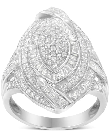 .925 Sterling Silver & 1-1/8 Cttw Diamond Marquise Shaped Cluster Triple Halo Knot Cocktail Fashion Ring (I-J Color, I2-I3 Clarity)