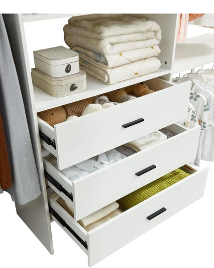 White Wooden Closet Organizer System – Wall-Mounted Shelves, Drawers & Hanging Rod for Clothes Storage