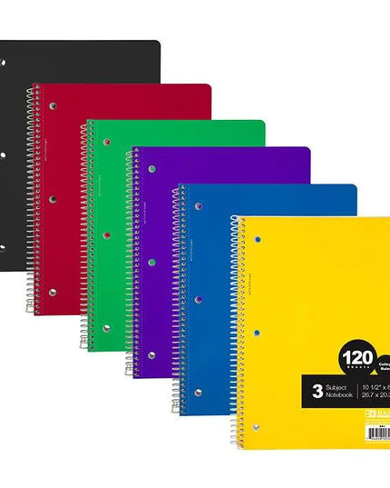120 Sheet 3-Subject Spiral Notebook, College Ruled - Random Color