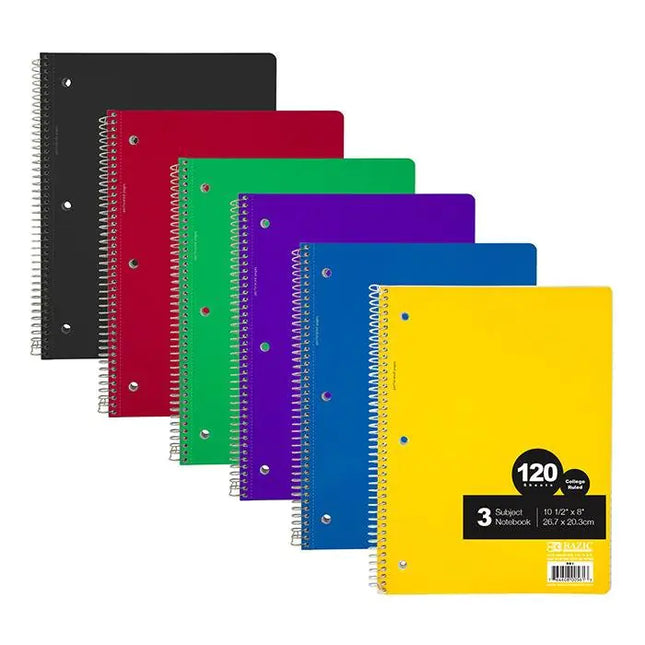 120 Sheet 3-Subject Spiral Notebook, College Ruled - Random Color