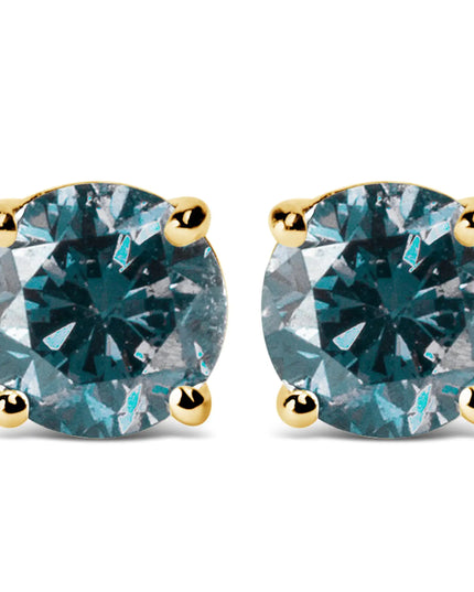 14K Gold Round Brilliant Cut Lab Grown Blue Diamond 4-Prong Classic Solitaire Stud Earrings with Pushbacks