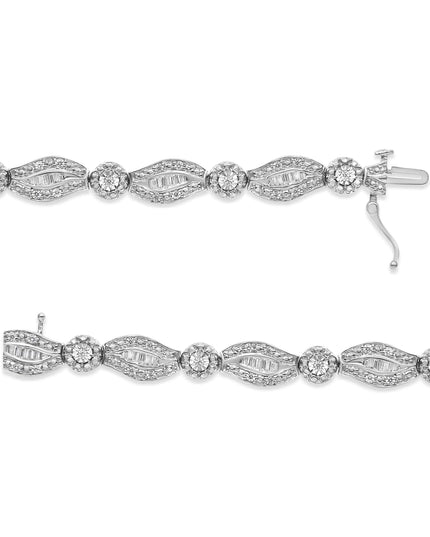 .925 Sterling Silver 1 cttw Diamond Double Leaf and Bezel Link Bracelet (I-J Clarity, I2-I3 Color) - Size 7.25"