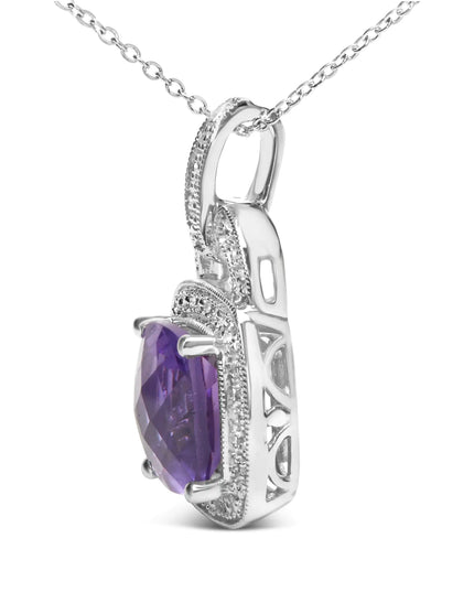 .925 Sterling Silver 10X10 MM Cushion Purple Amethyst and Diamond Accent Halo 18" Pendant Necklace (I-J Color, I1-I2 Clarity)