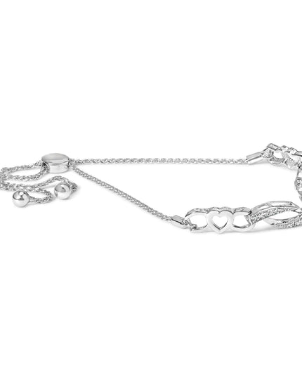 .925 Sterling Silver 1/10 Cttw Diamond Heart Link Adjustable Bolo Bracelet (I-J Color, I2-I3 Clarity) - 4 to 10 Inches