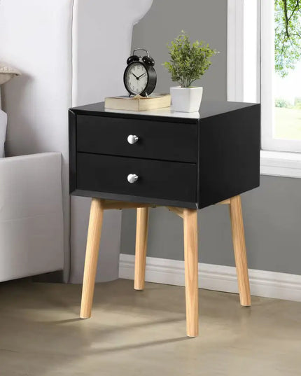 Bedside Table With 2 Drawers, Rubber Wood Legs, Mid-century Modern Storage Cabinet
