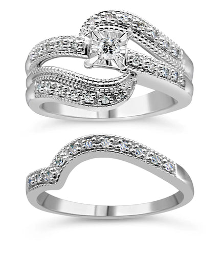 .925 Sterling Silver 1/3 Cttw Round Diamond Crisscross Engagement Ring Bridal Set (H-I Color, I1-I2 Clarity )