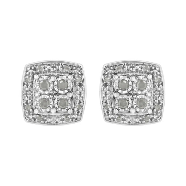 .925 Sterling Silver 1/4 cttw Round Cut Diamond Square Shape Milgrain Stud Earrings (I-J Color, I3 Clarity)