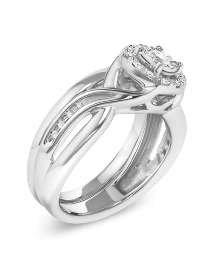 .925 Sterling Silver 1/7 Cttw Diamond Halo Bypass Engagement Ring and Wedding Band Set (I-J Color, I3 Clarity)