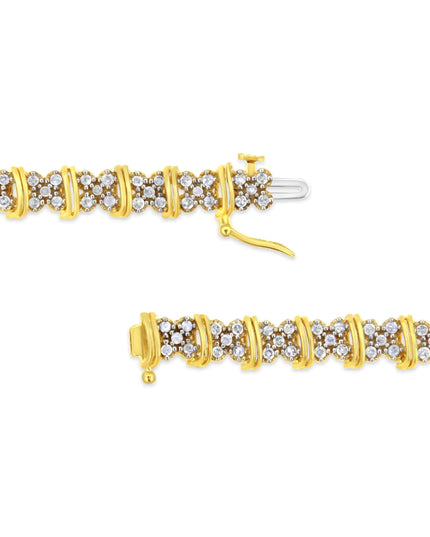 10K Yellow Gold Plated .925 Sterling Silver 2.0 Cttw Round Diamond Cluster "X" Shaped Link Bracelet (H-I Color, I3 Clarity) - 7"