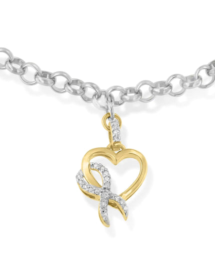 10K Yellow Gold 1/10 Cttw Diamond Awareness Ribbon & Heart Charm on 7" .925 Sterling Silver Rolo Bracelet (H-I Color, I1-I2 Clarity)