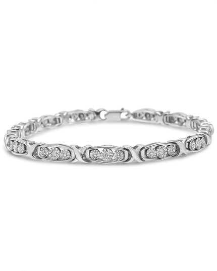 .925 Sterling Silver 1/10 Cttw Diamond Miracle Set 3 Stone Link Bracelet (I-J Color, I2-I3 Quality) - 7.25" Inches