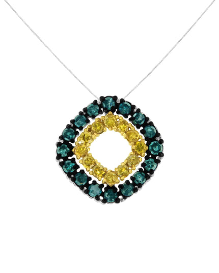 .925 Sterling Silver 1/2 Cttw Treated Blue and Yellow Diamond Double Square 18" Pendant Necklace (Blue/Yellow Color, I2-I3 Clarity)
