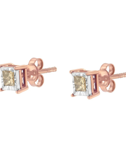 14K Rose Gold Plated Two-Tone .925 Sterling Silver 1/2 Cttw Princess-Cut Square Diamond Solitaire Miracle-Plate Stud Earrings (K-L Color, I2-I3 Clarity)