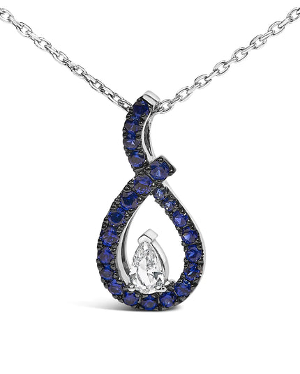 .925 Sterling Silver Created Blue and White Sapphire Teardrop Shaped Pendant Necklace - 18" Inches