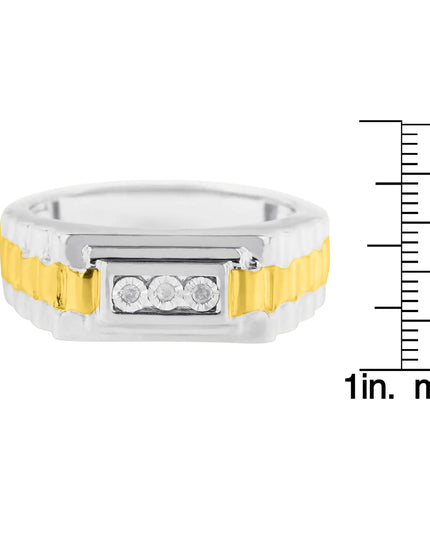 10K Yellow Gold Plated .925 Sterling Silver Diamond Accent Miracle-Set 3 Stone Ridged Band Gentlemen's Fashion Ring (I-J Color, I2-I3 Clarity)
