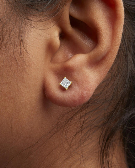 IGI Certified 14k Yellow Gold 4-Prong Set Princess-Cut Solitaire Diamond Push Back Stud Earrings (L-M Color, I1-I2 Clarity)