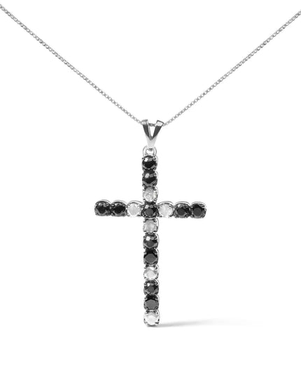 .925 Sterling Silver 2.0 Cttw Prong Set Round Natural Treated Black and White Diamond Cross Pendant Necklace - 18" (Black/H-I Color, I3 Clarity)