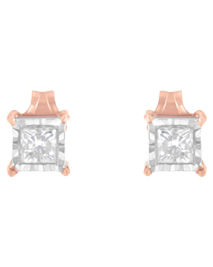 14K Rose Gold Plated Two-Tone .925 Sterling Silver 1/2 Cttw Princess-Cut Square Near Colorless Diamond Solitaire Miracle-Plate Stud Earrings (J-K Color, I2-I3 Clarity)