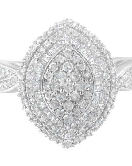 .925 Sterling Silver 1.0 Cttw Round & Baguette-Cut Diamond Marquise-Shaped Ring (I-J Color, I2-I3 Clarity)