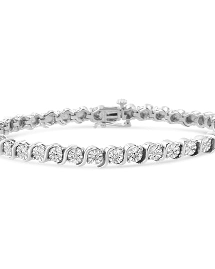 .925 Sterling Silver 1/10 Cttw Diamond Round Miracle Plate and "S" Link Tennis Bracelet (I-J Color, I2- I3 Clarity) - 7"