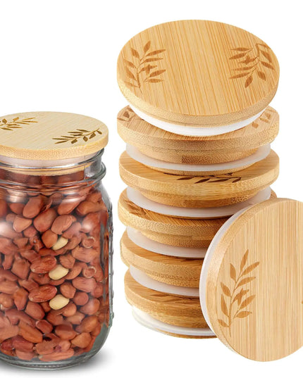 8-pcs Regular Mouth Wooden Mason Jar Lids, Leaf Pattern, Reusable, Airtight Silicone
