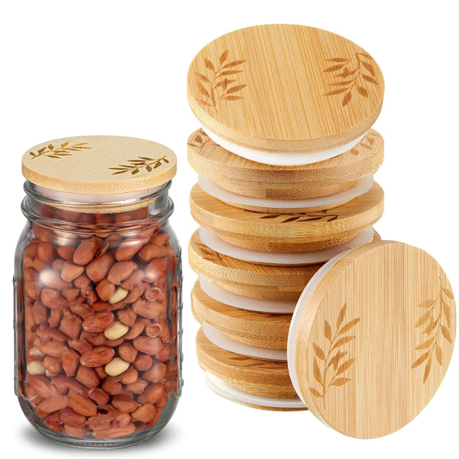 8-pcs Regular Mouth Wooden Mason Jar Lids, Leaf Pattern, Reusable, Airtight Silicone