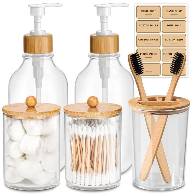 5-Piece Bamboo Bathroom Accessory Set – Boho Style Soap Dispenser, Toothbrush Holder, Q-tip & Cotton Ball Holders for Bathroom Counter Decor