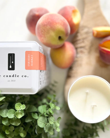 TLC Candle Co. "Farmer's Market" Hand Poured 11oz Jar Candle in Vintage Tin, Fresh Peaches Scented Natural Soy Wax and Essential Oil Blended Fragrances, 2 Wicks, 60 Hour Burn Time, Made in the USA