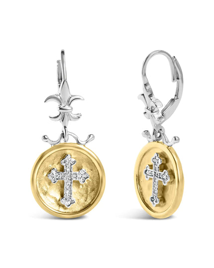 18K Yellow Gold Plated .925 Sterling Silver 1/8 Cttw Diamond Hammered Finished Medallion with Cross Drop and Dangle Earrings (I-J Color, SI1-SI2 Clarity)