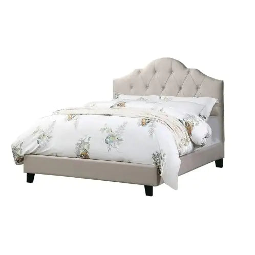1pc Queen Size Upholstered Bed – Adjustable Headboard, Light Brown Tufted Polyfiber, Wooden Frame