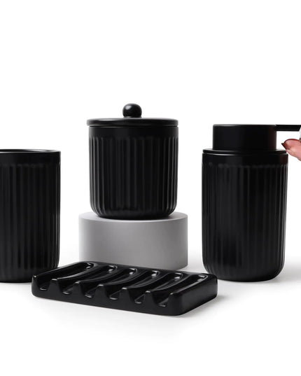 Black Ceramic Bathroom Accessories Set – Soap Dispenser, Toothbrush Holder, Soap Dish & Apothecary Jars