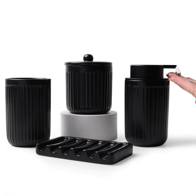 Black Ceramic Bathroom Accessories Set – Soap Dispenser, Toothbrush Holder, Soap Dish & Apothecary Jars