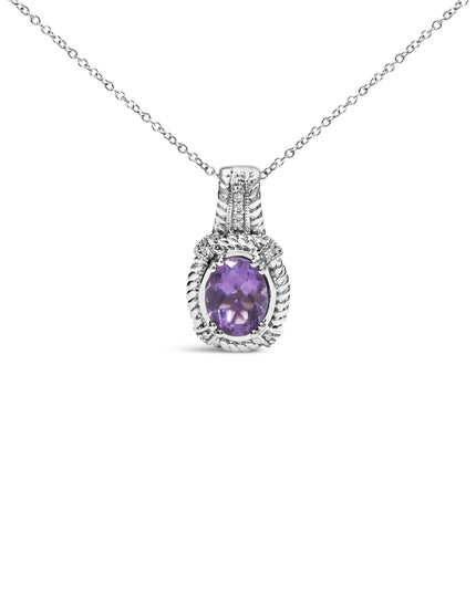 .925 Sterling Silver 9x7mm Oval Purple Amethyst and Round Diamond Accent Fashion Drop Pendant 18 Inch Necklace (I-J Color, I1-I2 Clarity)