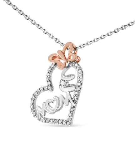 Two Tone .925 Sterling Silver 1/5 cttw Diamond "Mom" and Heart Pendant Necklace (H-I, I1-I2)