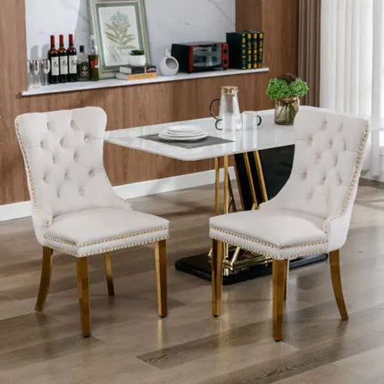 Contemporary Velvet Dining Chair, Tufted, Solid Wood, Golden Stainless Steel Legs