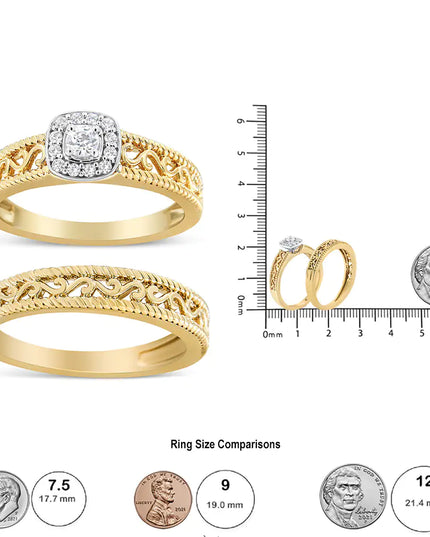 14K Yellow Gold Plated .925 Sterling Silver 1/5 Cttw Diamond Halo and Milgrain Finish Engagement Ring Bridal Set (I-J Color I3 Clarity)