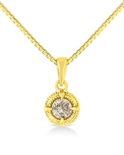 14K Yellow Gold Plated .925 Sterling Silver Brilliant Round Cut Diamond Solitaire Milgrain 18" Pendant Necklace
