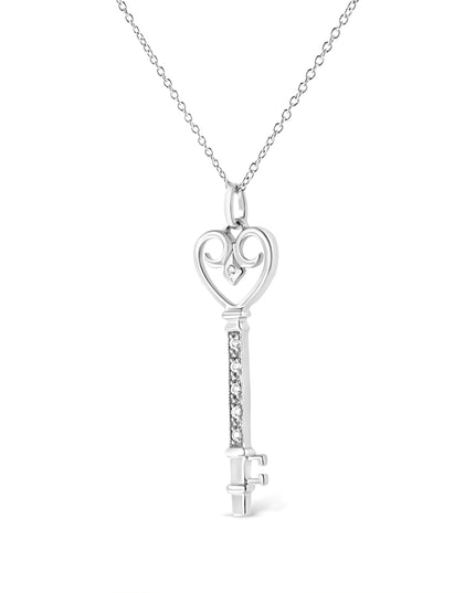 .925 Sterling Silver Pave and Bezel-Set Diamond Accent Key 18" Heart and Lock Pendant Necklace (K-L Color, I1-I2 Clarity)