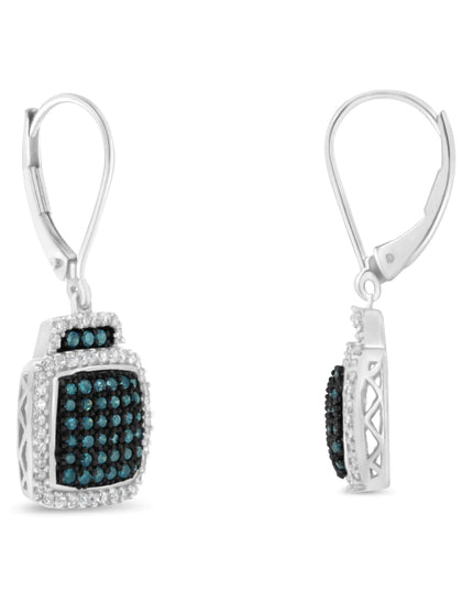 Black Rhodium over .925 Sterling Silver ¾ Cttw Blue and White Diamond Cushion Shaped Dangle Earrings (Enhanced Blue & I-J Color, I2-I3 Clarity)