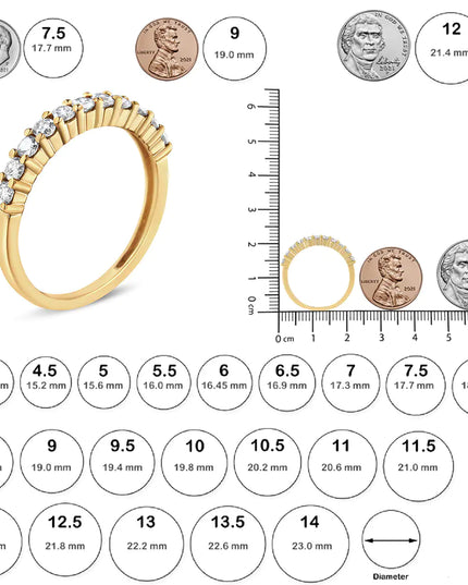14K Yellow Gold Plated .925 Sterling Silver 1/2 cttw Shared Prong Set Brilliant Round-Cut Diamond 11 Stone Band Ring (J-K Color, I1-I2 Clarity)
