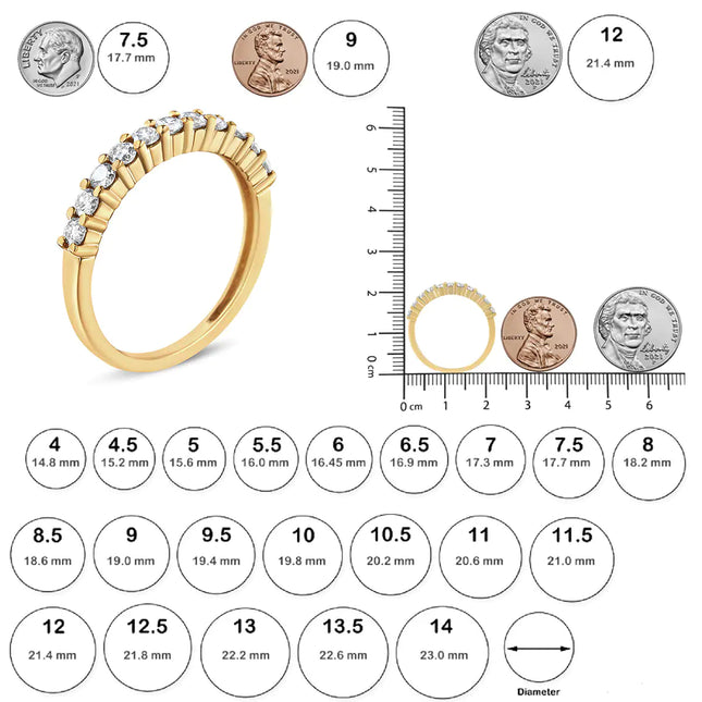 14K Yellow Gold Plated .925 Sterling Silver 1/2 cttw Shared Prong Set Brilliant Round-Cut Diamond 11 Stone Band Ring (J-K Color, I1-I2 Clarity)