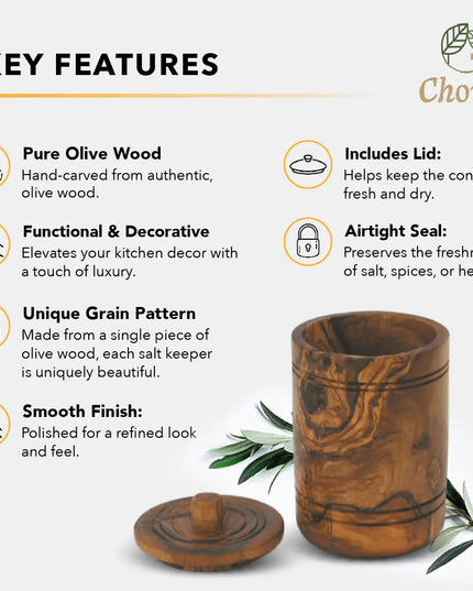 Olive Wood Spice Jar Salt Keeper w/Lid