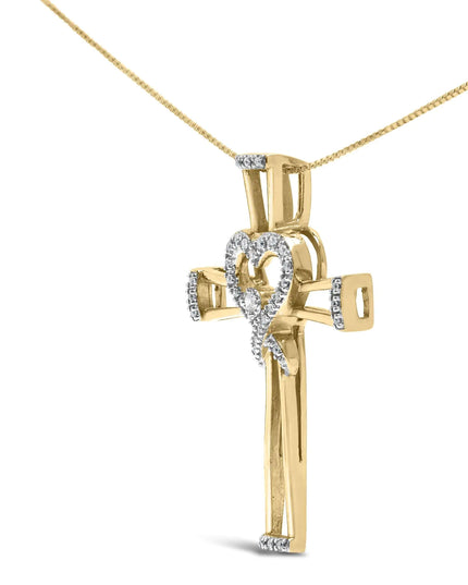 14K Yellow Gold Plated .925 Sterling Silver 1/6 Cttw Diamond Interlocking Heart and Ribbon Cross Pendant Necklace (H-I Color, I2-I3 Clarity) - 18" Inches