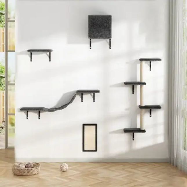 5-Piece Wall-Mounted Cat Tree Set – Multi-Level Indoor Cat Furniture with Scratching Board, Perch, Apartment & Cat Bridge